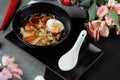 Asian noodle soup, ramen with chicken, tofu, vegetables and egg in black bowl. Slate background Royalty Free Stock Photo