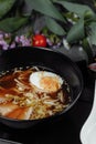 Asian noodle soup, ramen with chicken, tofu, vegetables and egg in black bowl. Slate background Royalty Free Stock Photo