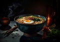 Asian noodle soup, ramen with chicken, tofu, vegetables and egg in black bowl. Slate background. AI Generated Royalty Free Stock Photo
