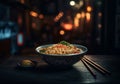 Asian noodle soup, ramen with chicken, tofu, vegetables and egg in black bowl. Slate background. AI Generated Royalty Free Stock Photo