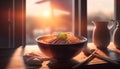 Asian noodle soup, ramen with chicken, tofu, vegetables and egg in white bowl at cafe, generative ai Royalty Free Stock Photo