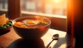 Asian noodle soup, ramen with chicken, tofu, vegetables and egg in white bowl at cafe, generative ai Royalty Free Stock Photo