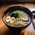 Asian noodle soup, ramen with chicken, vegetables and egg in a black bowl. on the table, side view Royalty Free Stock Photo