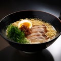 Asian noodle soup, ramen with chicken, vegetables and egg in a black bowl. on the table, side view Royalty Free Stock Photo