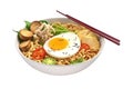 Asian noodle soup, Ramyeon ramen with chicken, vegetables and egg in white bowl,