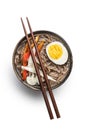 Asian noodle soup with soba noodles, vegetable and egg in bowl Royalty Free Stock Photo