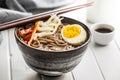 Asian noodle soup with soba noodles, vegetable and egg in bowl