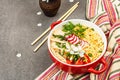 Asian noodles with chicken, vegetables, and herbs in a red bowl. Traditional Japanese soup Royalty Free Stock Photo