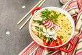 Asian noodles with chicken, vegetables, and herbs in a red bowl. Traditional Japanese soup Royalty Free Stock Photo