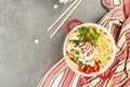 Asian noodles with chicken, vegetables, and herbs in a red bowl. Traditional Japanese soup Royalty Free Stock Photo