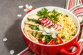 Asian noodles with chicken, vegetables, and herbs in a red bowl. Traditional Japanese soup Royalty Free Stock Photo