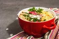 Asian noodles with chicken, vegetables, and herbs in a red bowl. Traditional Japanese soup Royalty Free Stock Photo