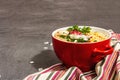 Asian noodles with chicken, vegetables, and herbs in a red bowl. Traditional Japanese soup Royalty Free Stock Photo