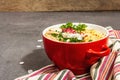 Asian noodles with chicken, vegetables, and herbs in a red bowl. Traditional Japanese soup Royalty Free Stock Photo