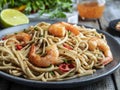 Asian noodles udon with shrimp , spice , on the plate. Closeup. Chinese/Japanese noodles