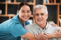 Asian nurse, elderly man and hug in portrait with support, empathy and nursing home care for retirement. Doctor, senior Royalty Free Stock Photo