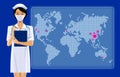 Asian nurse girl in surgical mask against the world map