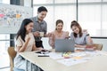 Asian office team brainstorming, plan for solution idea, Group of asia creative teamwork and woman leader at business Royalty Free Stock Photo