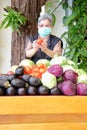 Asian old elderly elder woman with fruit vegetables in wooden cart wagon from farm Royalty Free Stock Photo