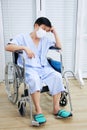 Asian Old man Wearing a mask to prevent disease and Covid 19 is sitting on wheelchair Sick and seriously ill in Hospital. Royalty Free Stock Photo