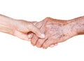 Asian old man and woman shaking hands   on white background with clipping path Royalty Free Stock Photo