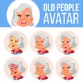 Asian Old Woman Avatar Set Vector. Face Emotions. Senior Person Portrait. Elderly People. Aged. User, Character. Fun