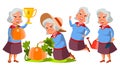 Asian Old Woman Poses Set Vector. Elderly People. Vegetable Garden. Senior Person. Aged. Caucasian Retiree. Smile. Web