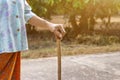 Asian old woman standing with her hands on a walking stick ,Hand of old woman holding a bamboo cane stick for helping walking Royalty Free Stock Photo