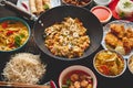 Asian oriental food composition in colorful dishware