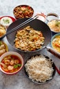 Asian oriental food composition in colorful dishware