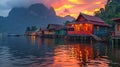 Asian Over water villas at sunset with beautiful mountains at the background and reflection in water