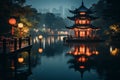 an asian pagoda in the middle of a lake at night