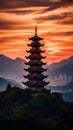 Asian pagoda at sunset