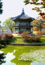 Seoul, South Korea, Gyeongbok palace or temple pagoda with lake