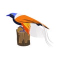 Asian Paradise Flycatcher bird with bright colorful feathers and long tail sitting on nest tree trunk