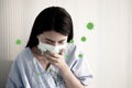 Asian patient woman wearing mask virus from sickness covid virus around in the lung