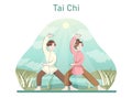 Asian people doing sport. Tai Chi exercising. Chinese practise or martial art