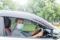 Asian people wearing mask and driving while raining. Lens flare effect