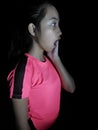 Shocked Petite Philippina Female Wearing Pink Isolated On Black