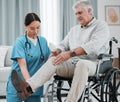 Asian physiotherapist, senior man and wheelchair for legs rehabilitation, recovery or nursing home care. Physiotherapy Royalty Free Stock Photo