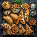 Asian Pies Set with Qutab, Homemade Samosa, Indian Samsa, Traditional Uzbek Burekas