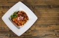 Asian pork ears salad with fresh vegetables in a bowl on the table. with copy space. top Royalty Free Stock Photo