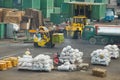 Asian port dockers loading cargo