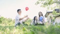 Asian portrait family trip father mother and daughter enjoy relaxation playing balloons with family to lifestyle freedom family Royalty Free Stock Photo