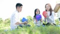 Asian portrait family trip father mother and daughter enjoy relaxation playing balloons with family to lifestyle freedom family Royalty Free Stock Photo