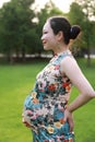 Asian pregnant woman in Chinese traditional cheongsam chi-pao in garden forest lawn outdoor nature free relax happy sunshine Royalty Free Stock Photo
