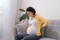 Asian pregnant woman has backache and feel depressed sitting on the couch