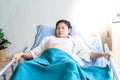 Asian pregnant woman Lying in a patient`s bed in the hospital she had a stomach ache