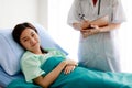 Asian pretty female patient lying on bed in hospital and smiling with happiness while doctor checking her health and report the Royalty Free Stock Photo