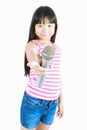 Asian pretty little girl singing with microphone Royalty Free Stock Photo